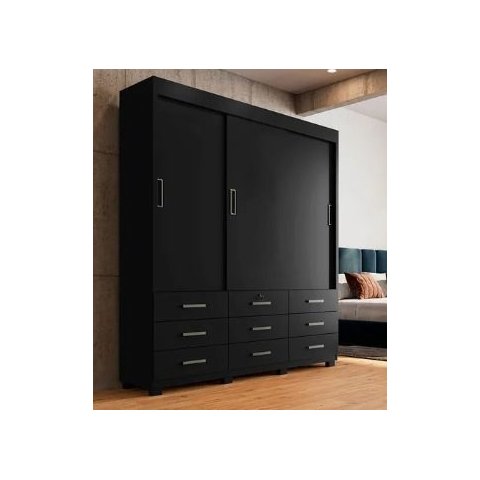 Guarda Roupa 3 Portas de Correr e 9 Gavetas Itapema Preto