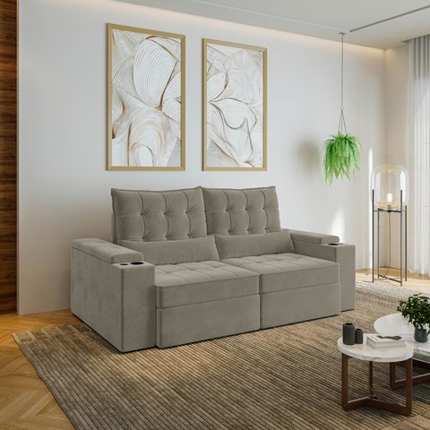 Sofá Retrátil Reclinável 3 Lugares 210cm Porta Copos e USB Embaúba Extra CabeCasa MadeiraOriginals Cinza Claro Fosco