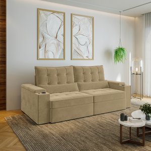 Sofá Retrátil Reclinável 4 Lugares 240cm Porta Copos e USB Embaúba Extra CabeCasa MadeiraOriginals