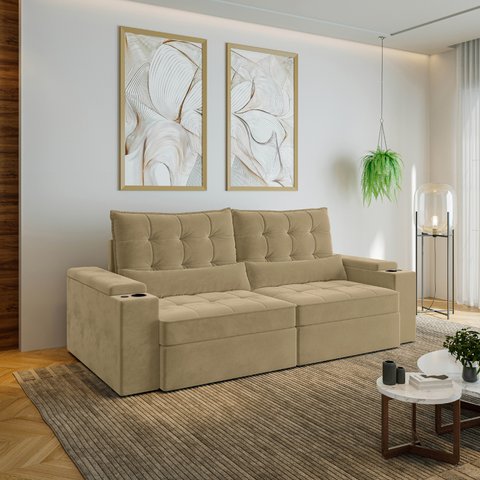 Sofá Retrátil Reclinável 4 Lugares 240cm Porta Copos e USB Embaúba Extra CabeCasa MadeiraOriginals