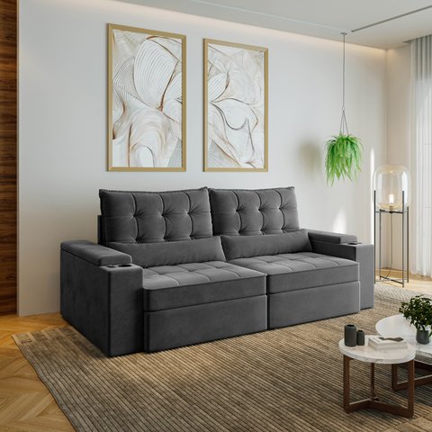 Sofá Retrátil Reclinável 4 Lugares 240cm Porta Copos e USB Embaúba Extra CabeCasa MadeiraOriginals