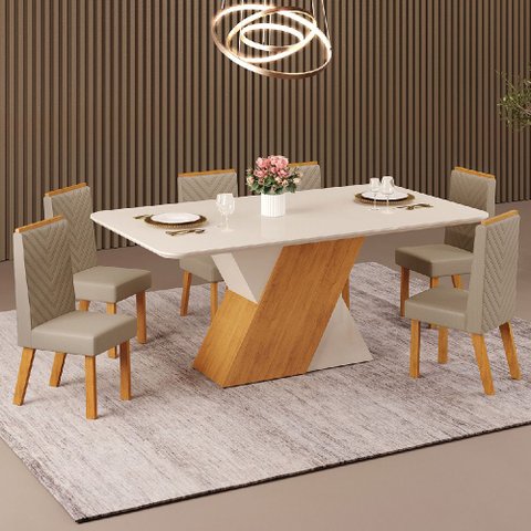 Sala de Jantar Mesa Rubi com Vidro e 6 Cadeiras Nara DJ Móveis