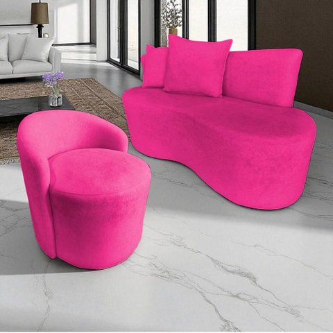 Kit Namoradeira + Poltrona Yara Orgânica Veludo Rosa Pink