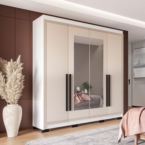 Roupeiro Solteiro Valência 4 Portas com Espelho 161x214cm Branco/Creme 240851