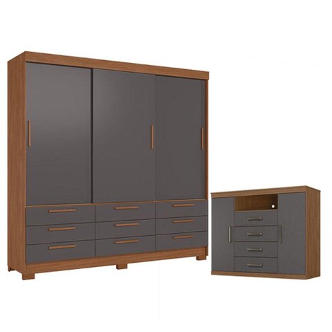Guarda Roupa Casal 3 Portas 9 Gavetas Morretes e Cômoda Havana Master Jatobá Grafite - Santos Andirá