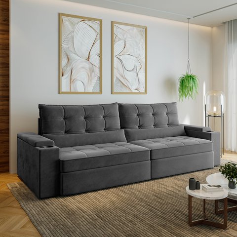Sofá Retrátil Reclinável 4 Lugares 300cm Porta Copos e USB Embaúba Extra CabeCasa MadeiraOriginals