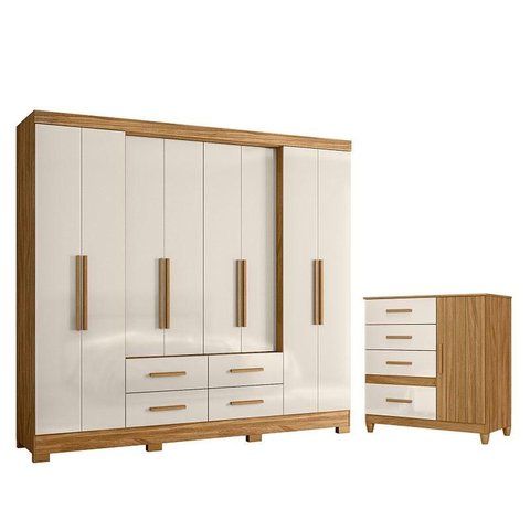 Guarda Roupa Casal San Lorenzo e Cômoda Vênus com Pés Freijó Off White – Moval