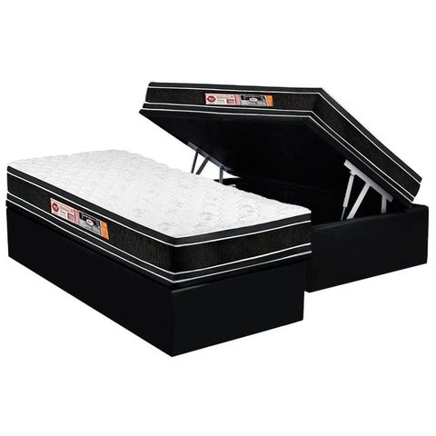 Cama Box Baú Solteiro: Colchão Espuma D33 Castor Black e White Air Euro Pillow + Base CRC Suede Blac