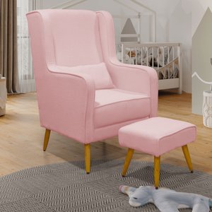 Poltrona de Amamentação Pé Palito Eduarda com Puff Linho Rose - Lg Decor Baby