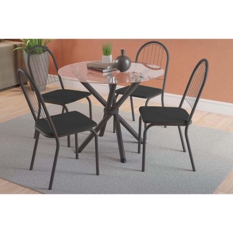 Conjunto: Mesa de Cozinha Volga C/ Tampo de Vidro 95x95cm e 4 Cadeiras Noruega Preto Fosco - Preto