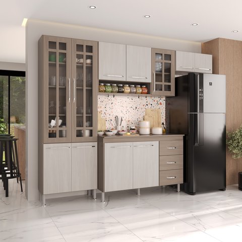 Armário de Cozinha Modulada Compacta Fidelitá Paris 4 Peças 260cm 11 Portas 3 Gavetas com Tampo