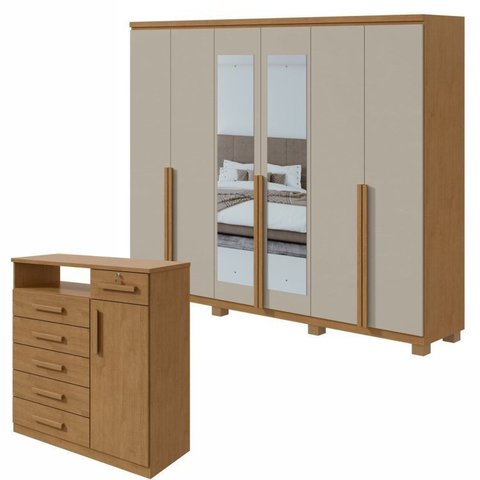 Conjunto de Guarda-Roupa Casal com Espelho e Pés e Cômoda Alonzo e da Vinci Bege Amêndoa Clean/Off White