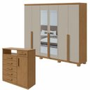 Ver imagem 1 de Conjunto de Guarda-Roupa Casal com Espelho e Pés e Cômoda Alonzo e da Vinci Bege Amêndoa Clean/Off White