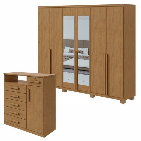 Kit 2 Peças com Guarda Roupa 6 Portas com Espelho Pés e Cômoda Alonzo e da Vinci Marrom Amêndoa Clean