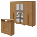 Ver imagem 1 de Kit 2 Peças com Guarda Roupa 6 Portas com Espelho Pés e Cômoda Alonzo e da Vinci Marrom Amêndoa Clean