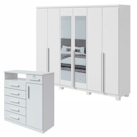 Kit 2 Peças com Guarda Roupa 6 Portas com Espelho Pés e Cômoda Alonzo e da Vinci Branco