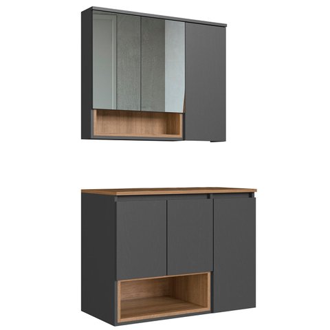 Gabinete Banheiro 80cm 3 Portas e Espelheira Taos Mel/grafite F10 - Mpozenato