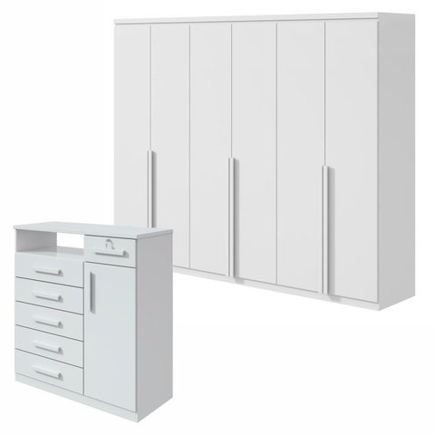 Conjunto Quarto Guarda-Roupa 6 Portas e Cômoda 6 Gavetas com Nicho MDF Alonzo da Vinci Branco