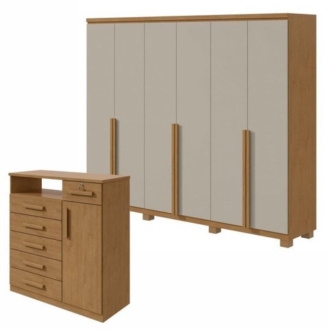 Conjunto Quarto Guarda-Roupa 6 Portas e Cômoda 6 Gavetas MDF Alonzo da Vinci Amêndoa Clean/Off White