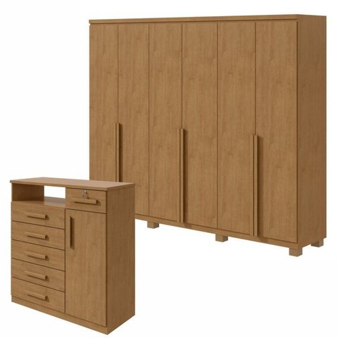 Conjunto Quarto Guarda-Roupa 1 Porta e Cômoda 6 Gavetas com Nicho MDF Alonzo da Vinci Amêndoa Clean