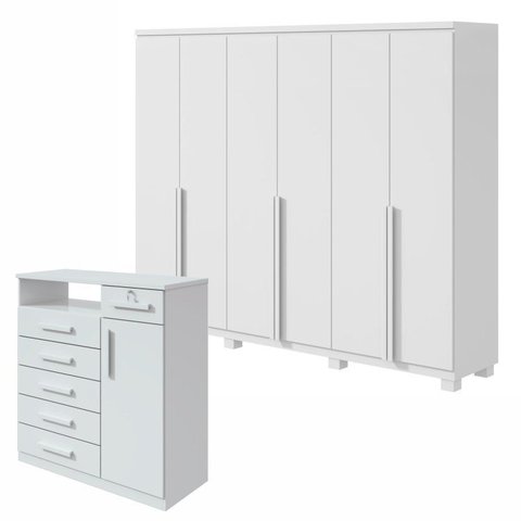 Kit 2 Peças com Guarda Roupa 6 Portas e Cômoda com Nicho Alonzo e da Vinci Branco