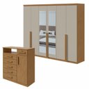 Ver imagem 1 de Kit 2 Peças com Guarda Roupa 6 Portas com Espelho e Cômoda com Nicho Alonzo e da Vinci Amêndoa Clean/Off White