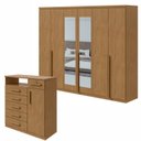 Ver imagem 1 de Kit 2 Peças com Guarda Roupa 6 Portas com Espelho e Cômoda com Nicho Alonzo e da Vinci Marrom Amêndoa Clean