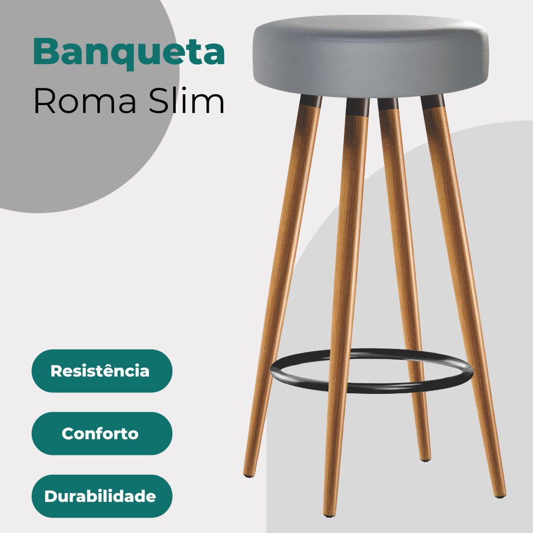 Kit 2 Banquetas Cinza 65cm Alta para Cozinha Bancada Egmobile 2 Banquetas Roma Slim 65cm Banquetas D - 3