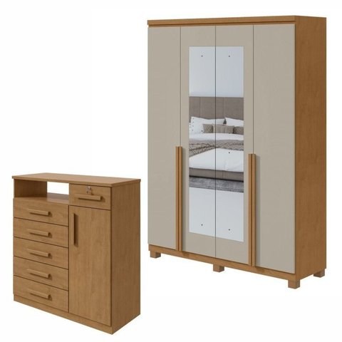 Kit 2 Peças com Guarda Roupa 4 Portas com Espelho Pés e Cômoda Alonzo e da Vinci Amêndoa Clean/Off White