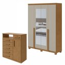 Ver imagem 1 de Kit 2 Peças com Guarda Roupa 4 Portas com Espelho Pés e Cômoda Alonzo e da Vinci Amêndoa Clean/Off White