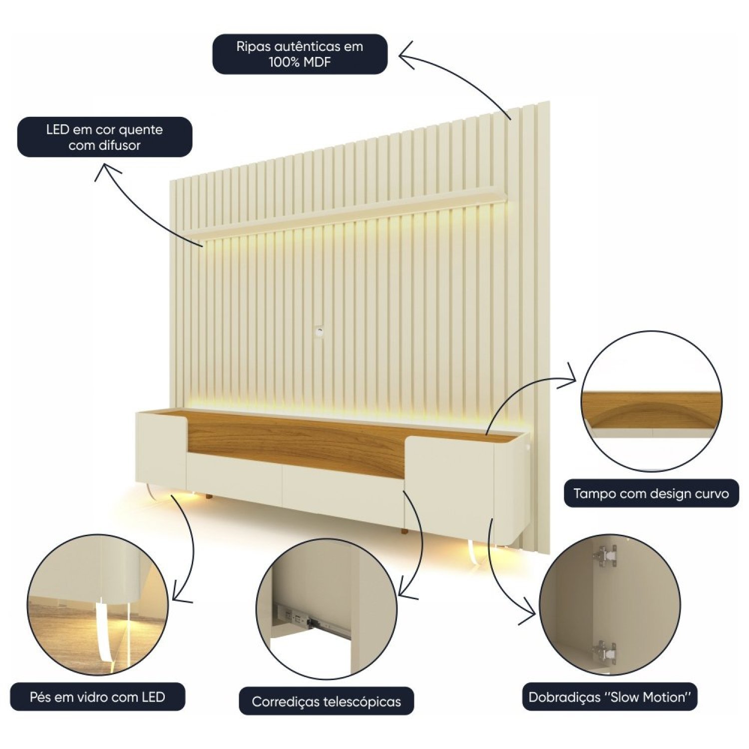 Rack com Painel Ripado para Tv até 85 Polegadas Led Pés Vidro Nobre/infinity 230cm - 5