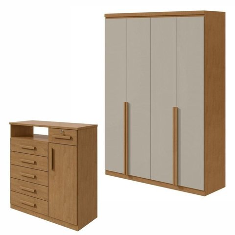 Conjunto Quarto Guarda-Roupa 4 Portas e Cômoda 6 Gavetas MDF Alonzo da Vinci Amêndoa Clean/Off White