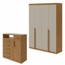 Ver imagem 1 de Conjunto Quarto Guarda-Roupa 4 Portas e Cômoda 6 Gavetas MDF Alonzo da Vinci Amêndoa Clean/Off White