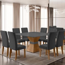 Conjunto de Mesa Sala de Jantar Mônaco com 8 Cadeiras Carvalho/Cinza Quadrada 1,36m Dobuê - 8 Conjunto de Mesa Sala de Jantar Mônaco com 8 Cadeiras Carvalho/Cinza Quadrada 1,36m Dobuê - 8