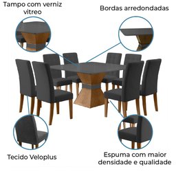 Conjunto de Mesa Sala de Jantar Mônaco com 8 Cadeiras Carvalho/Cinza Quadrada 1,36m Dobuê - 12 Conjunto de Mesa Sala de Jantar Mônaco com 8 Cadeiras Carvalho/Cinza Quadrada 1,36m Dobuê - 12