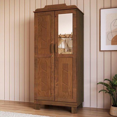 Guarda Roupa Solteiro com Espelho 2 Portas Aplique Madeira Maciça Lorie F06 Castanho - Lyam Decor