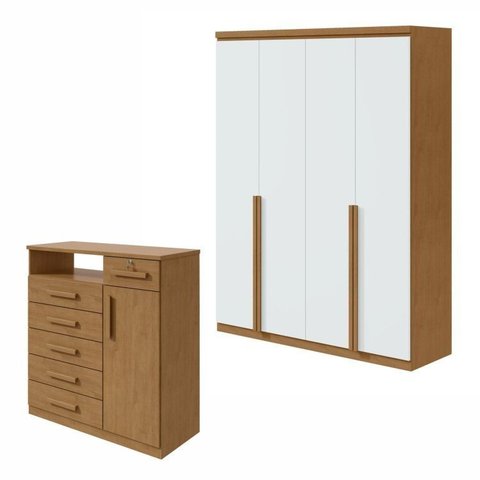 Conjunto de Guarda-Roupa e Cômoda 4 Portas 6 Gavetas MDF Alonzo e da Vinci Marrom Amêndoa Clean/Branco