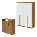 Ver imagem 1 de Conjunto de Guarda-Roupa e Cômoda 4 Portas 6 Gavetas MDF Alonzo e da Vinci Marrom Amêndoa Clean/Branco