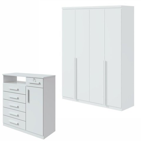 Conjunto Quarto Guarda-Roupa 4 Portas e Cômoda 6 Gavetas com Nicho MDF Alonzo da Vinci Branco