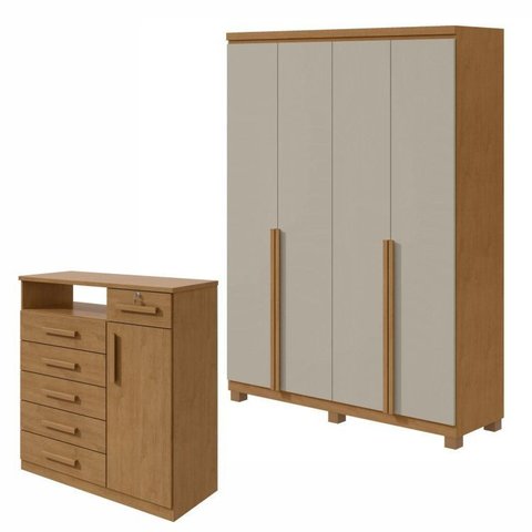 Conjunto Quarto Guarda-Roupa 4 Portas e Cômoda 6 Gavetas MDF Alonzo da Vinci Amêndoa Clean/Off White