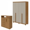 Ver imagem 1 de Conjunto Quarto Guarda-Roupa 4 Portas e Cômoda 6 Gavetas MDF Alonzo da Vinci Amêndoa Clean/Off White
