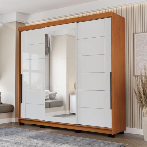 Roupeiro Lisboa 3 Portas de Correr com Espelho 217x213cm Freijó/Branco 240856