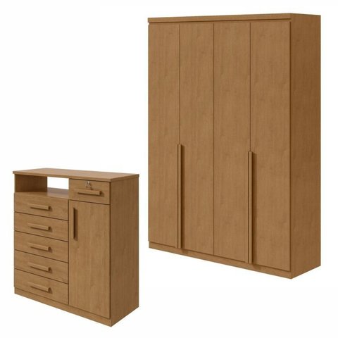 Conjunto Quarto Guarda-Roupa 4 Portas e Cômoda 6 Gavetas com Nicho MDF Alonzo da Vinci Amêndoa Clean