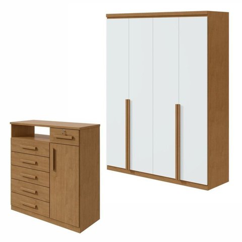 Conjunto Quarto Guarda-Roupa 4 Portas e Cômoda 6 Gavetas MDF Alonzo da Vinci Amêndoa Clean/Branco