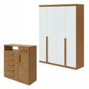 Ver imagem 1 de Conjunto Quarto Guarda-Roupa 4 Portas e Cômoda 6 Gavetas MDF Alonzo da Vinci Amêndoa Clean/Branco