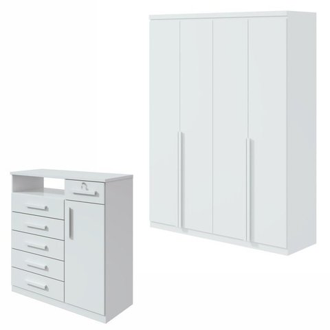 Conjunto Quarto Guarda-Roupa 4 Portas e Cômoda 6 Gavetas com Nicho MDF Alonzo da Vinci Branco