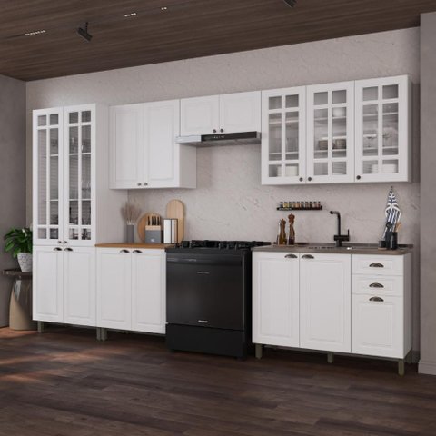 Armário de Cozinha Modulada Completa Fidelitá Nara 100% MDF 6 Peças 360cm 16 Portas 2 Gavetas sem