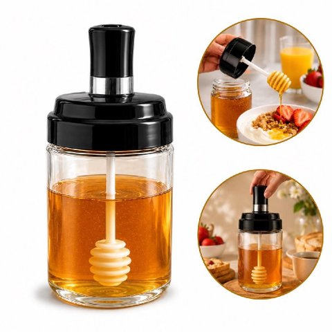 Meleira de Vidro Dispenser Mel Porta Xarope Calda Tampa Vedacao Pegador Dosador Pote Colmeia em Vidr