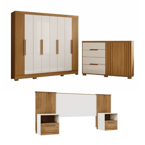 Quarto Casal Guarda-roupa 8 Portas com Cômoda 4 Gavetas Moval e Cabeceira Caemmun