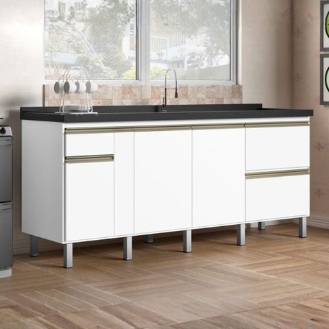 Gabinete Cozinha 194cm Portas e Gavetas 100% MDF Balcão Pia: Branco